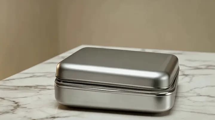 Compact metal travel case opening on a marble surface