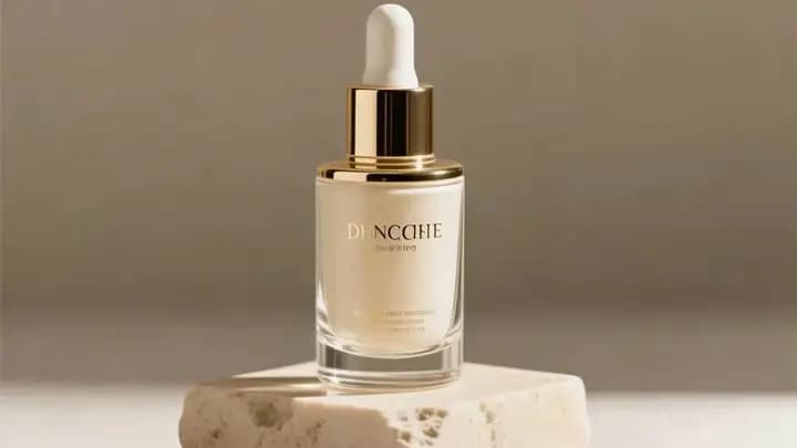 A premium skincare bottle on a marble pedestal with warm studio reflections.