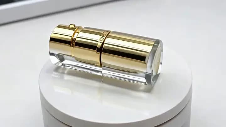 A premium skincare bottle rotating on a pedestal in a fast concept-pass product motion clip.