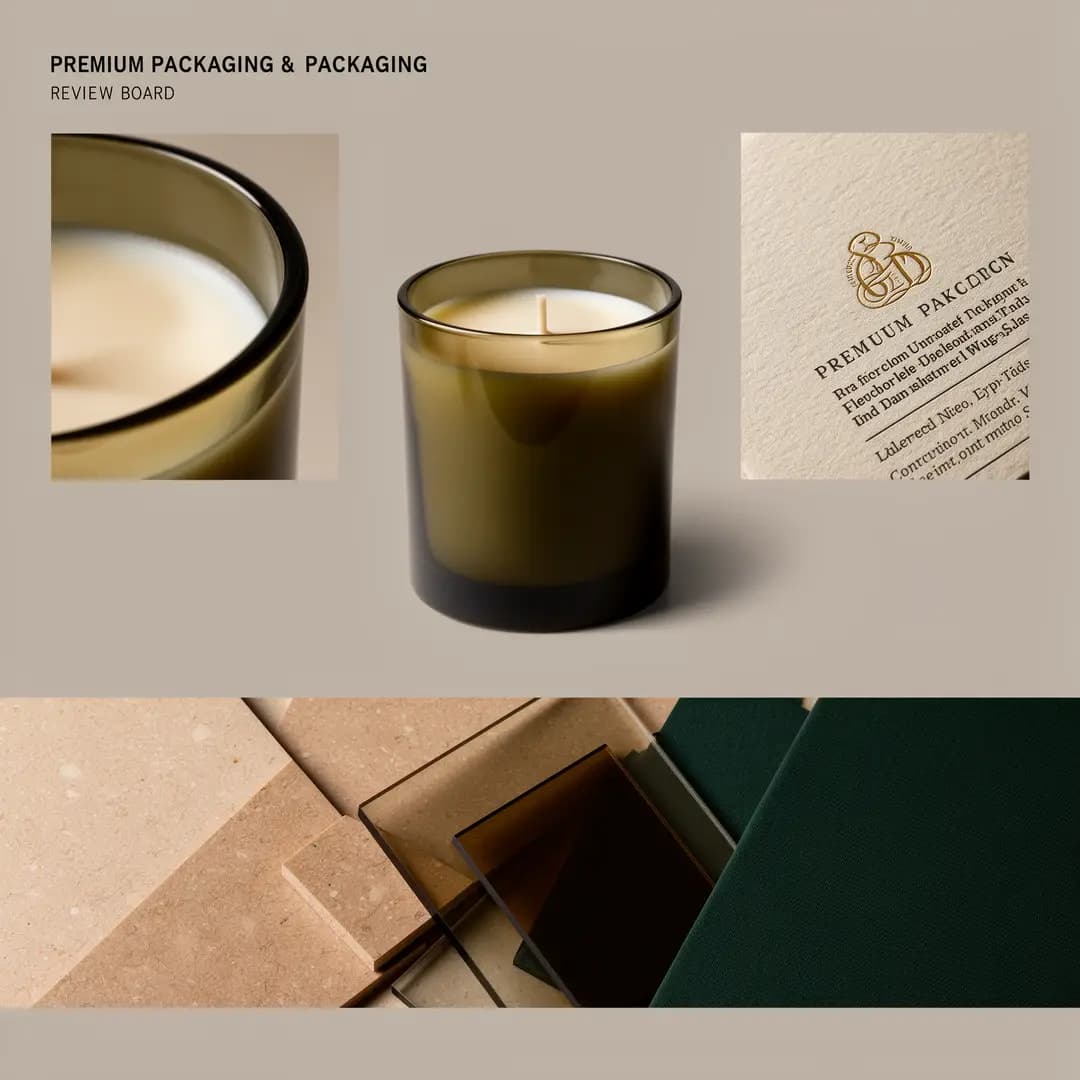 A premium packaging mood board with product focus, palette cues, and a polished review layout.