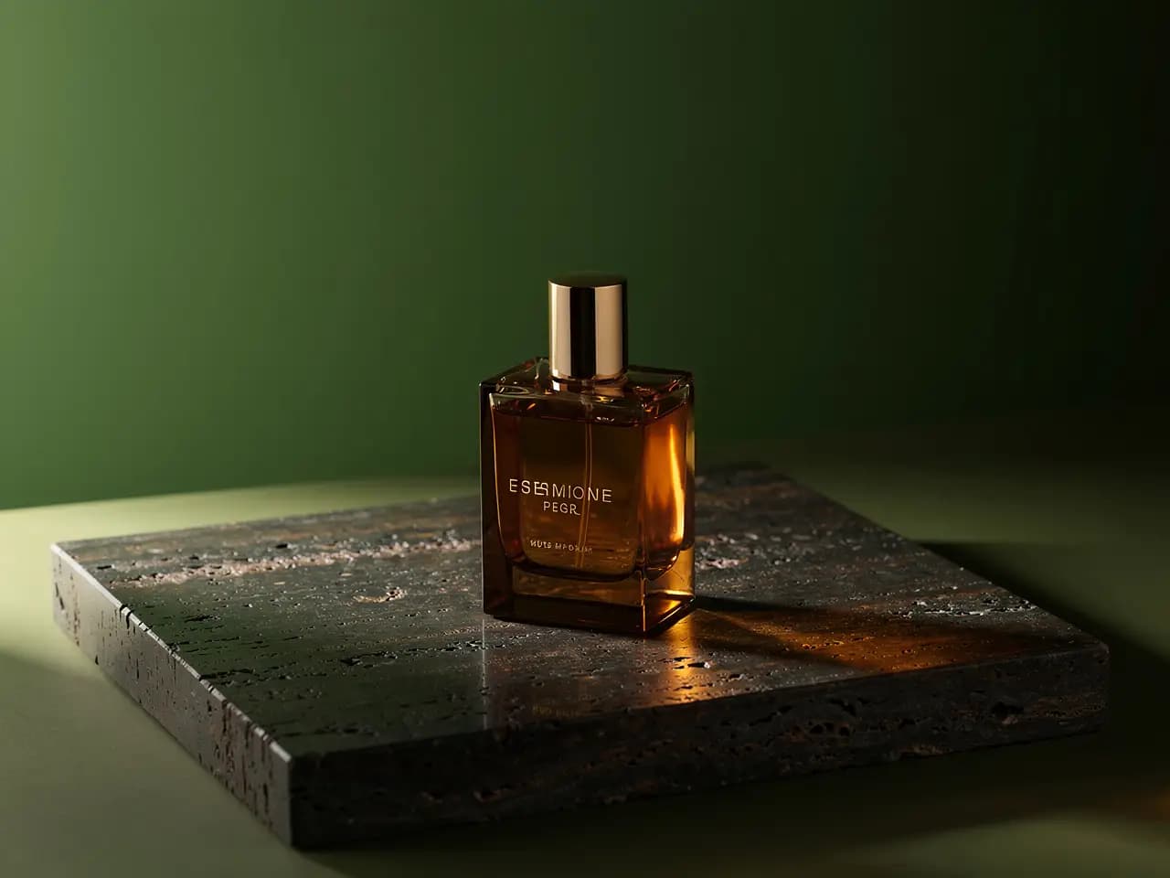 A luxury fragrance still life with precise reflections, premium materials, and a calm editorial palette.