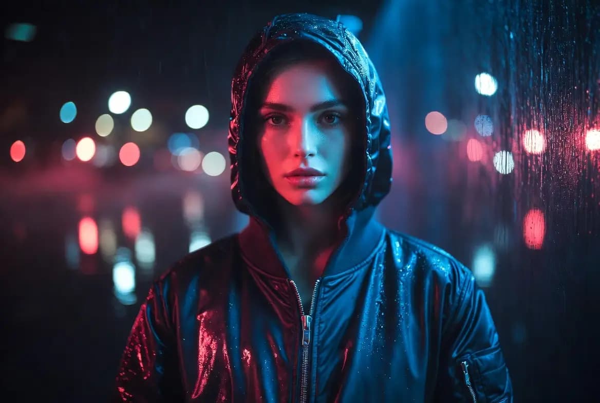 A moody streetwear portrait featuring dramatic lighting contrast and a crisp editorial tone.