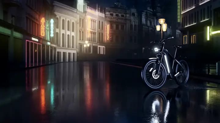 Cyclist riding through a wet city street at night