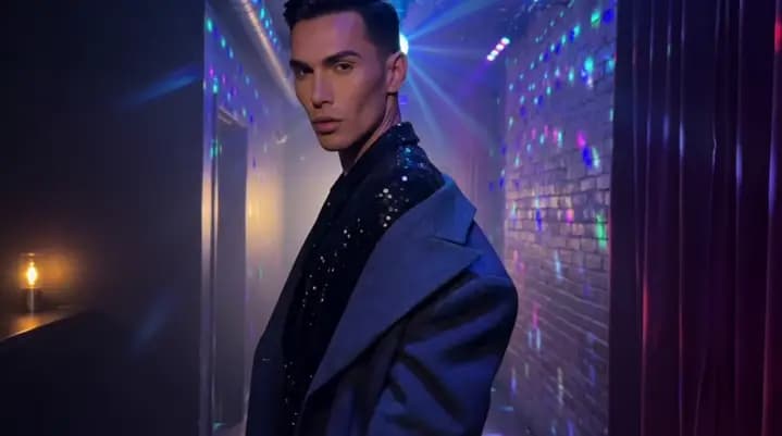 A nightclub fashion portrait turned into a subtle first-frame motion shot with preserved identity in Kling v2.1.