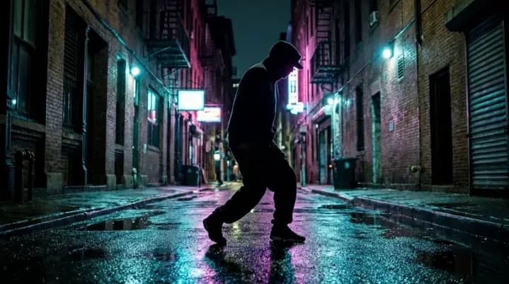 A street dancer breaking into motion through a neon-lit wet alley in a Kling v2.1 first-frame clip.