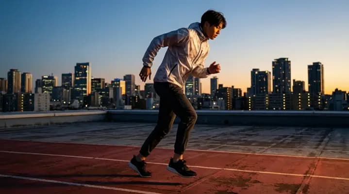 Runner moving along a rooftop track at sunset