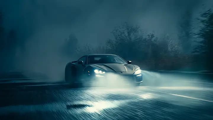 Dark performance car emerging through heavy rain