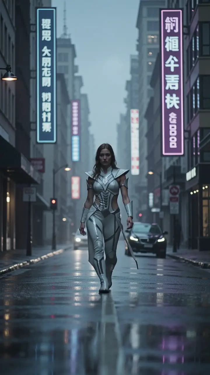 A fashion model in neon rain framed vertically in a stylized short-form Kling Turbo clip.