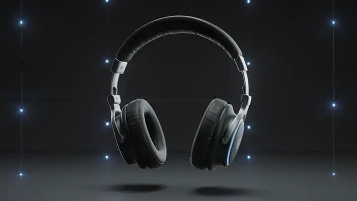Wireless headphones rotating against a blue studio background