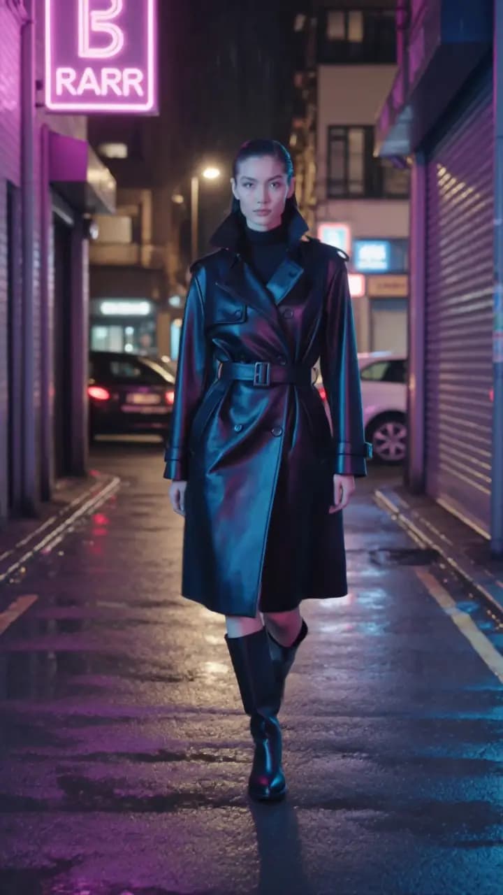 A fashion model stepping through a neon alley in a vertical Kling v3.0 teaser shot.