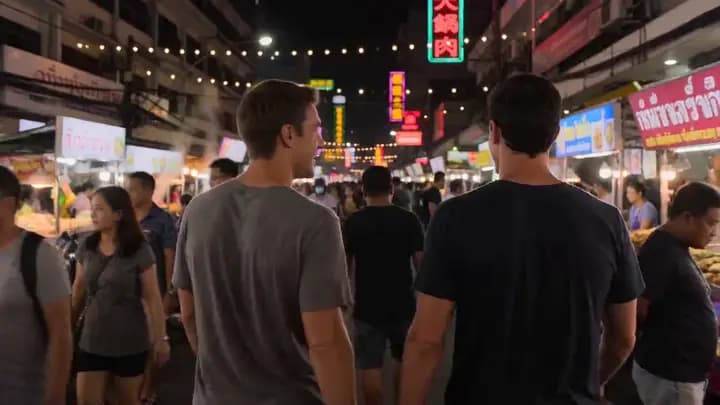 Friends walking through a busy illuminated night market