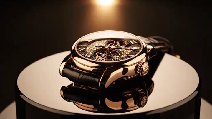 Mechanical watch rotating under a controlled spotlight